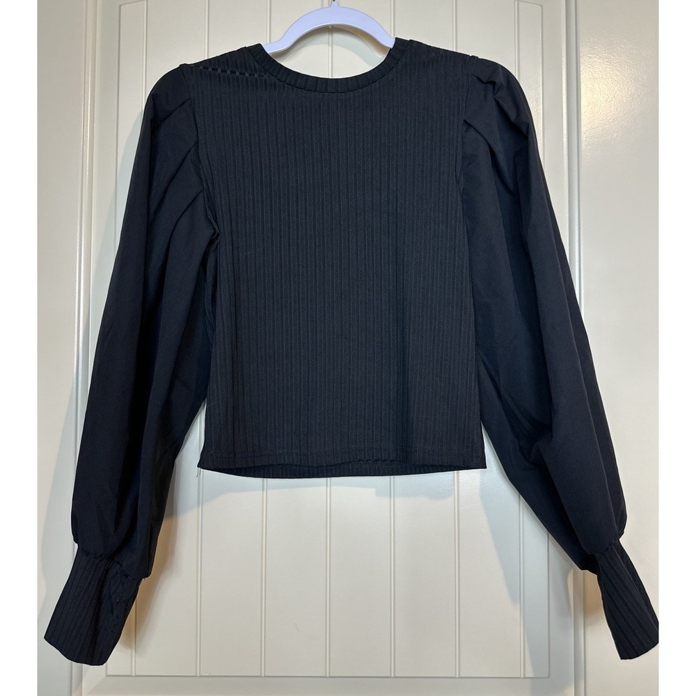 Shein black Ribbed Puff Long Sleeve Crew Neck Cropped Top Blouse sz M GUC